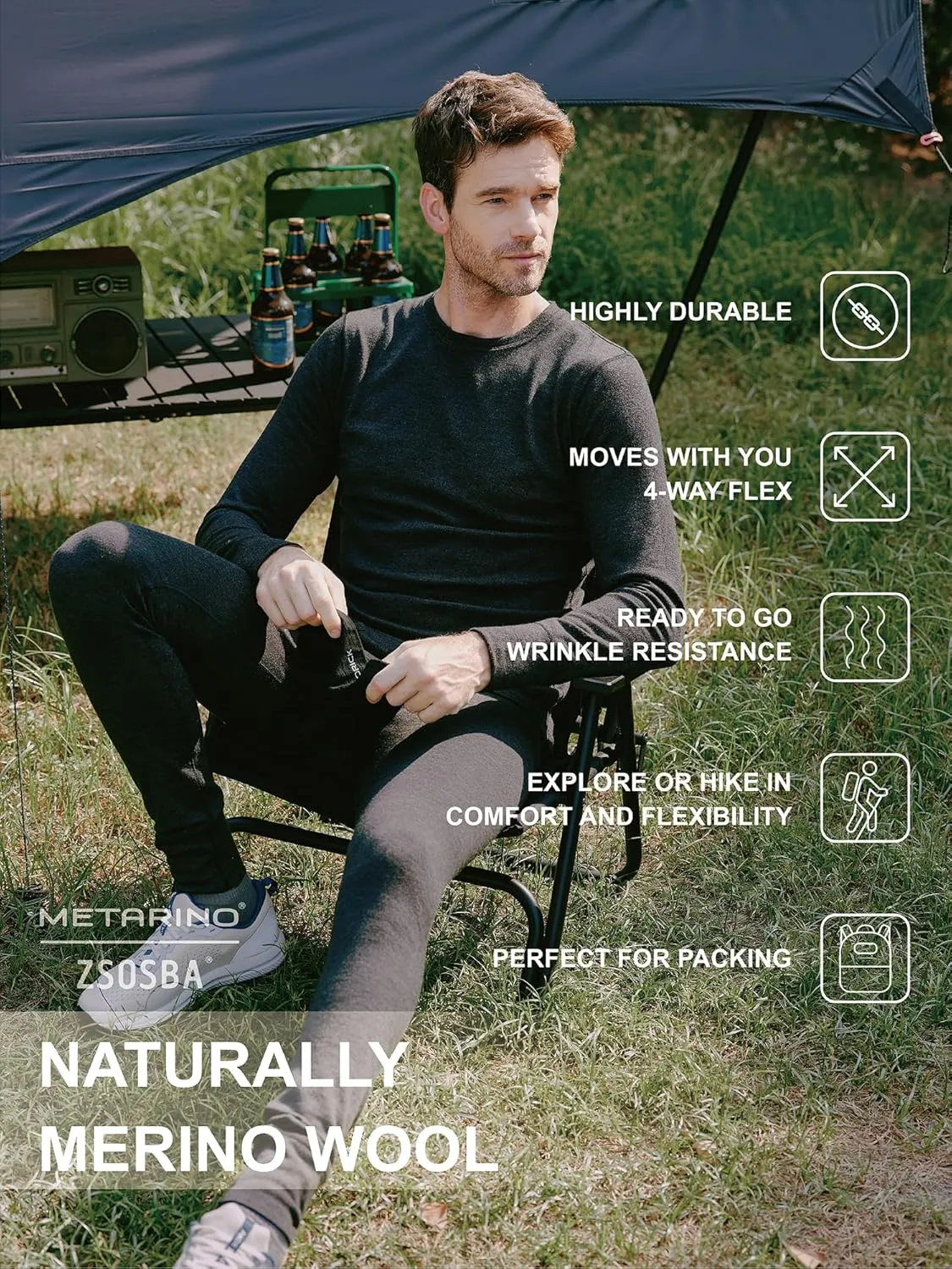 METARINO Men's 100% Merino Wool Base Layer Shirt Long Sleeve Thermal Underwear for Hiking Travel Skiing