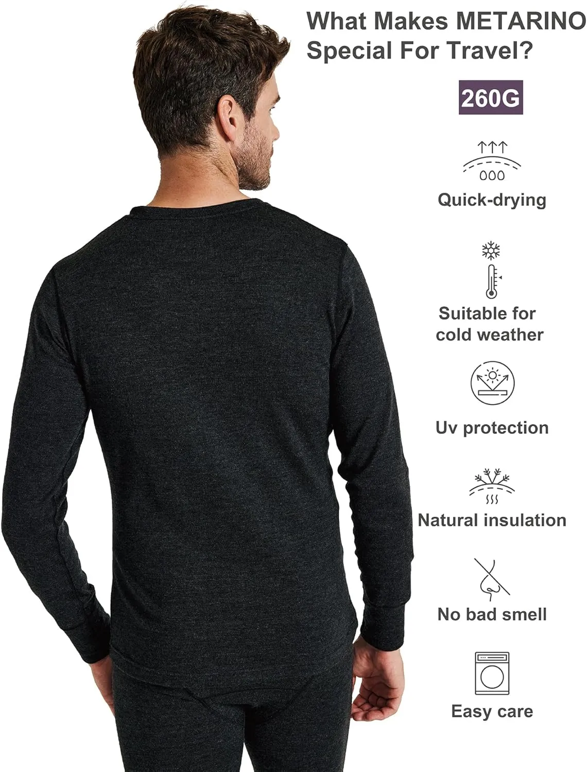 METARINO Men's 100% Merino Wool Base Layer Shirt Long Sleeve Thermal Underwear for Hiking Travel Skiing