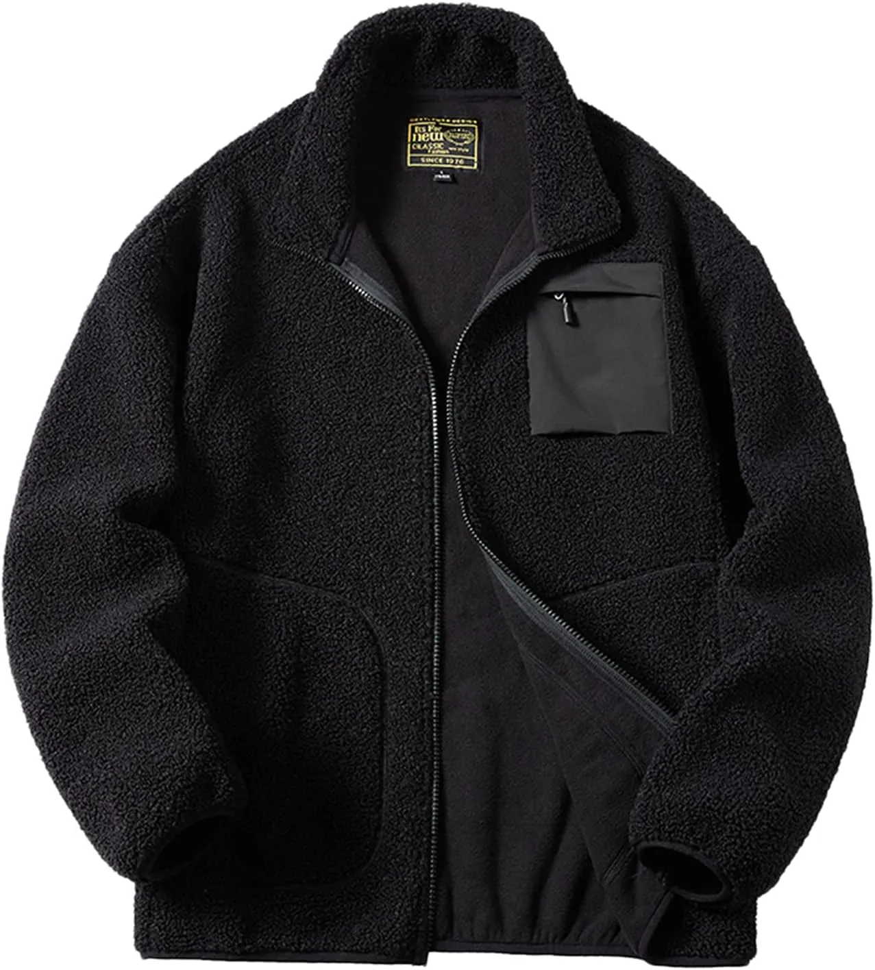 MIDOO Mens Zip Up Fleece Jacket No Hood Outdoor Warm Plus Size Pocket Zipper Lapel Cardigan Jacket Coats for Men Tall