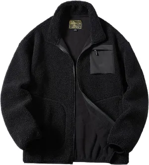 MIDOO Mens Zip Up Fleece Jacket No Hood Outdoor Warm Plus Size Pocket Zipper Lapel Cardigan Jacket Coats for Men Tall