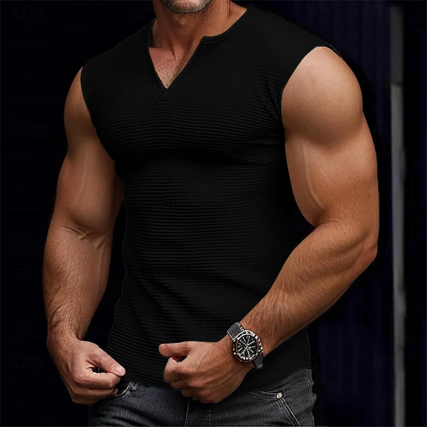 Muscle Tank Tops for Men Slim Fit Casual Sleeveless Gym Vest Waffle Knit Bodybuilding V-Neck Running Summer Tshirts