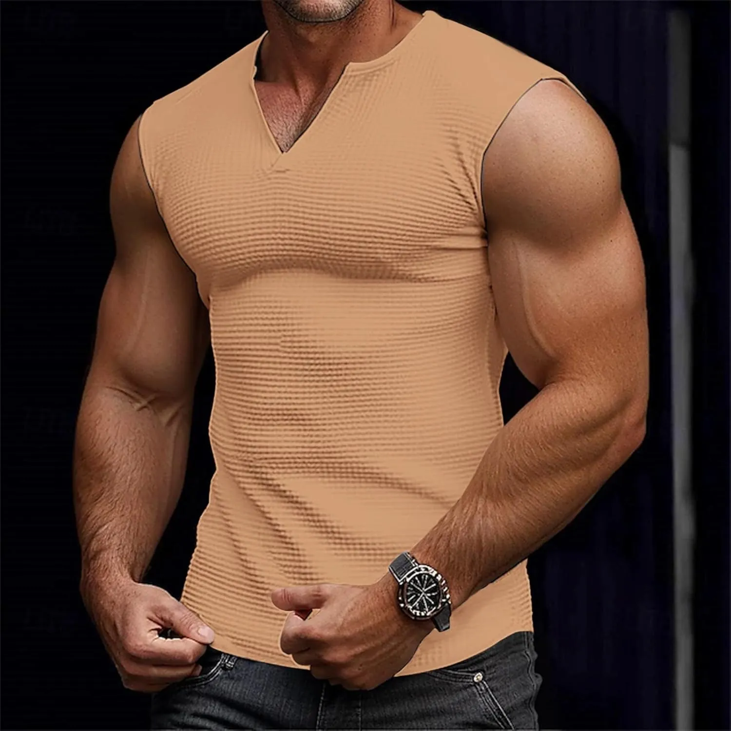 Muscle Tank Tops for Men Slim Fit Casual Sleeveless Gym Vest Waffle Knit Bodybuilding V-Neck Running Summer Tshirts