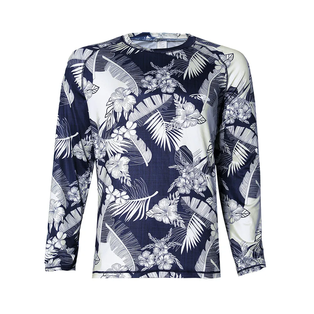 N90-UV517 (Navy with cream floral), Men UPF 50  Sun Protection Outdoor Lightweight Long Sleeve Outdoor Hiking Fishing Running UV Shirt