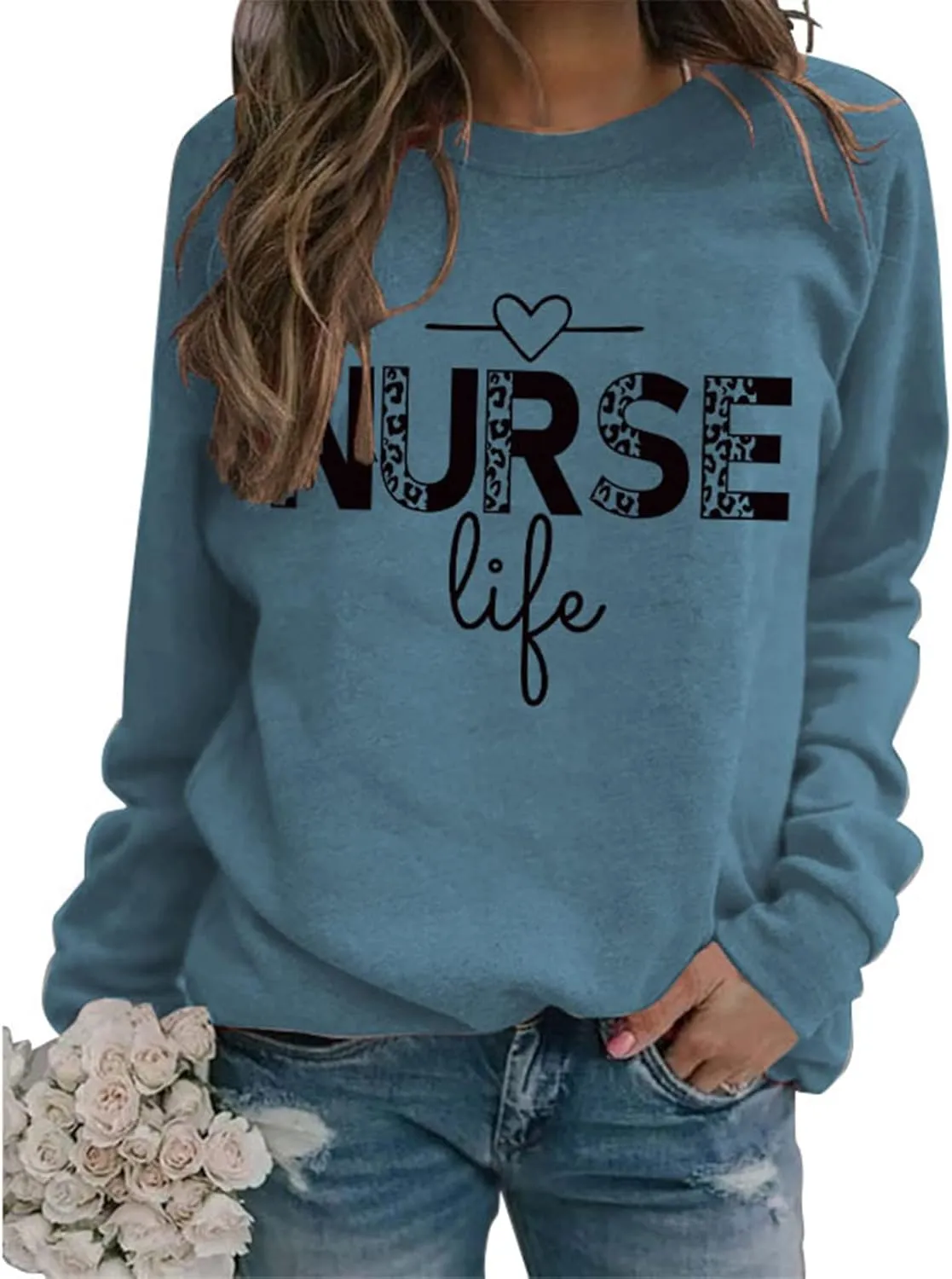 Nurse Sweatshirt for Women, Womens Crewneck Long Sleeve Tops with Nurse Life Letter Graphic Printed Nurse Shirts