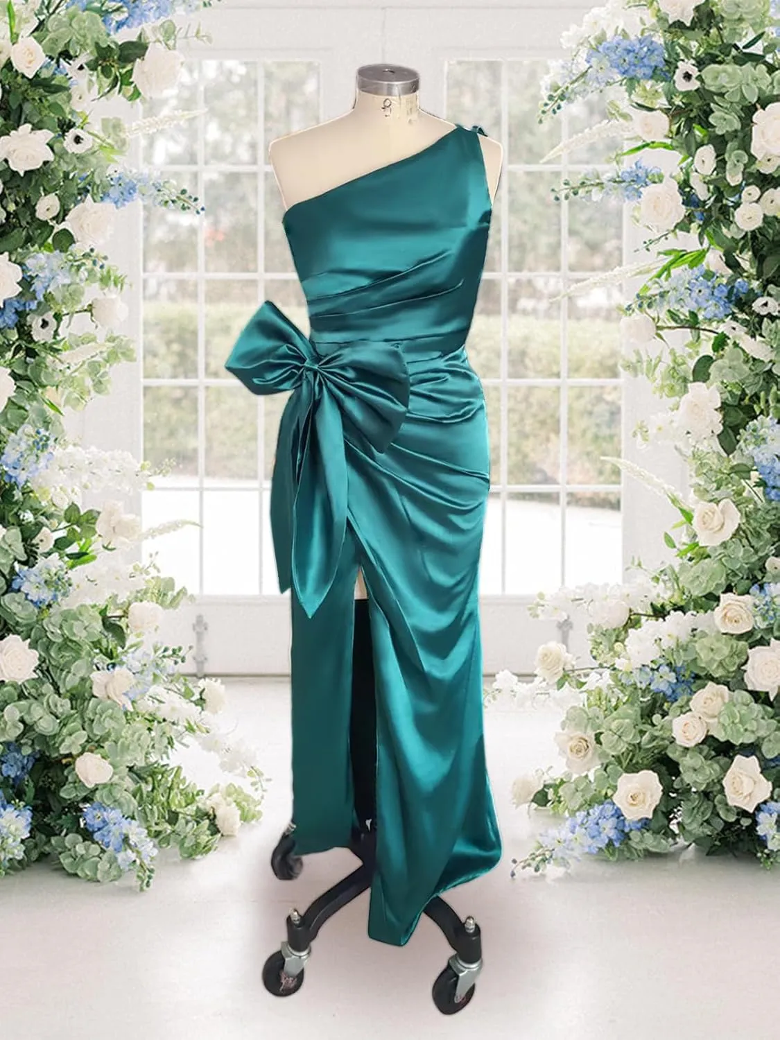 One Shoulder Formal Dresses for Women Satin Bridesmaid Dresses with Slit Bodycon Formal Evening Gowns ACE224