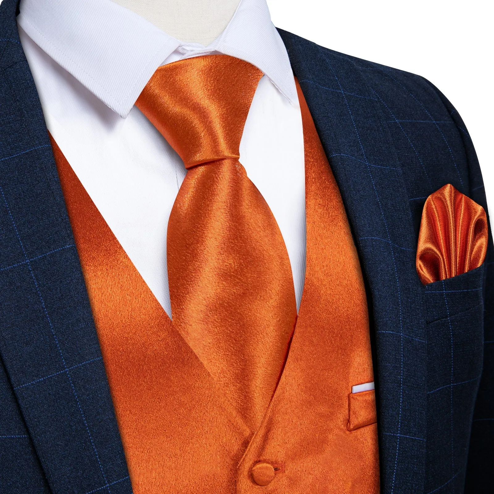 Orange Solid Shining Silk Men Vest Necktie Bow Tie Handkerchief Cufflinks Set