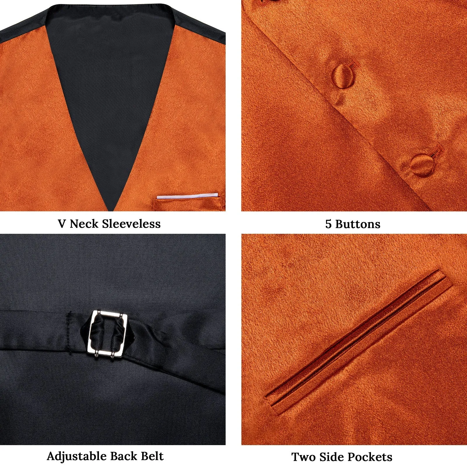 Orange Solid Shining Silk Men Vest Necktie Bow Tie Handkerchief Cufflinks Set