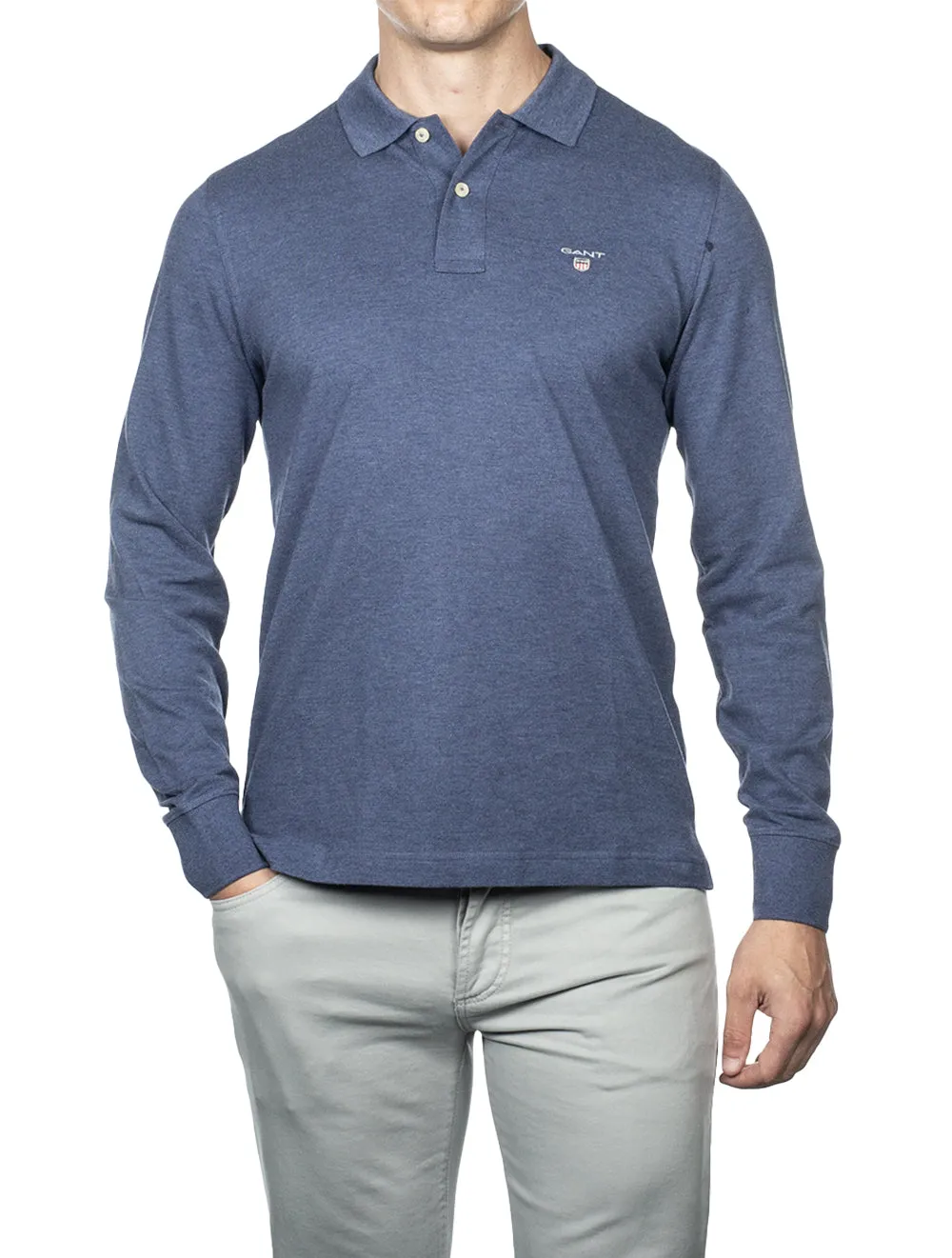 Original Long Sleeve Polo Shirt-Dark Jeansblue Melange