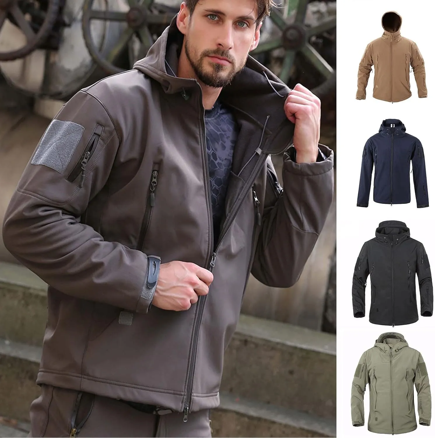 Outdoor Jacket For Men Waterproof Windresistant Fleece Lined Shark Skin Soft Shell Multi-Pocket Coat Quick-Drying Top