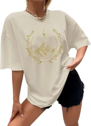 Oversized Graphic Shirt Women Vintage Moon Print Tshirt Funny Graphic Short Sleeve Book Lovers Gifts Tops
