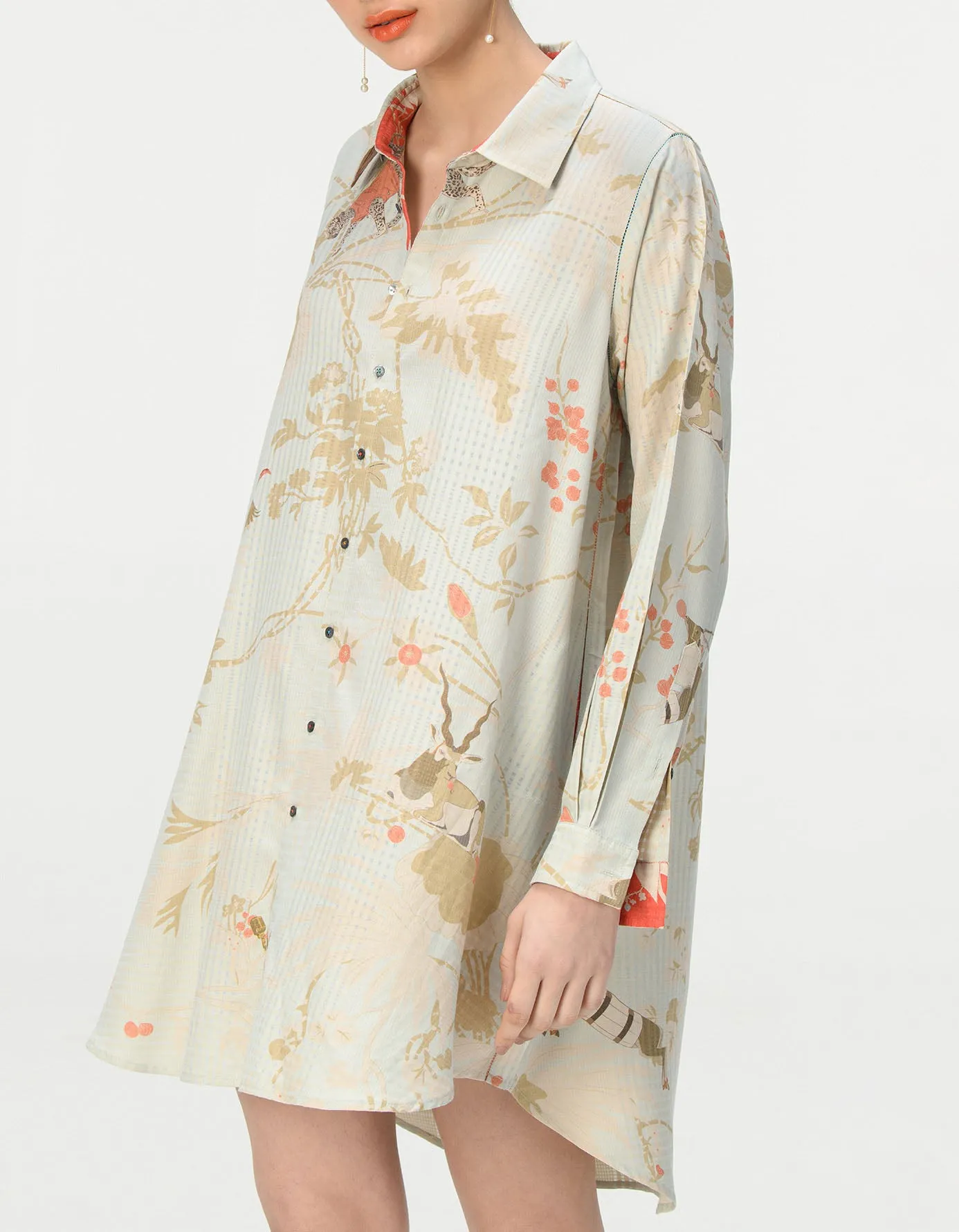 Oversized Shirt Cotton Silk Check Ice Blue