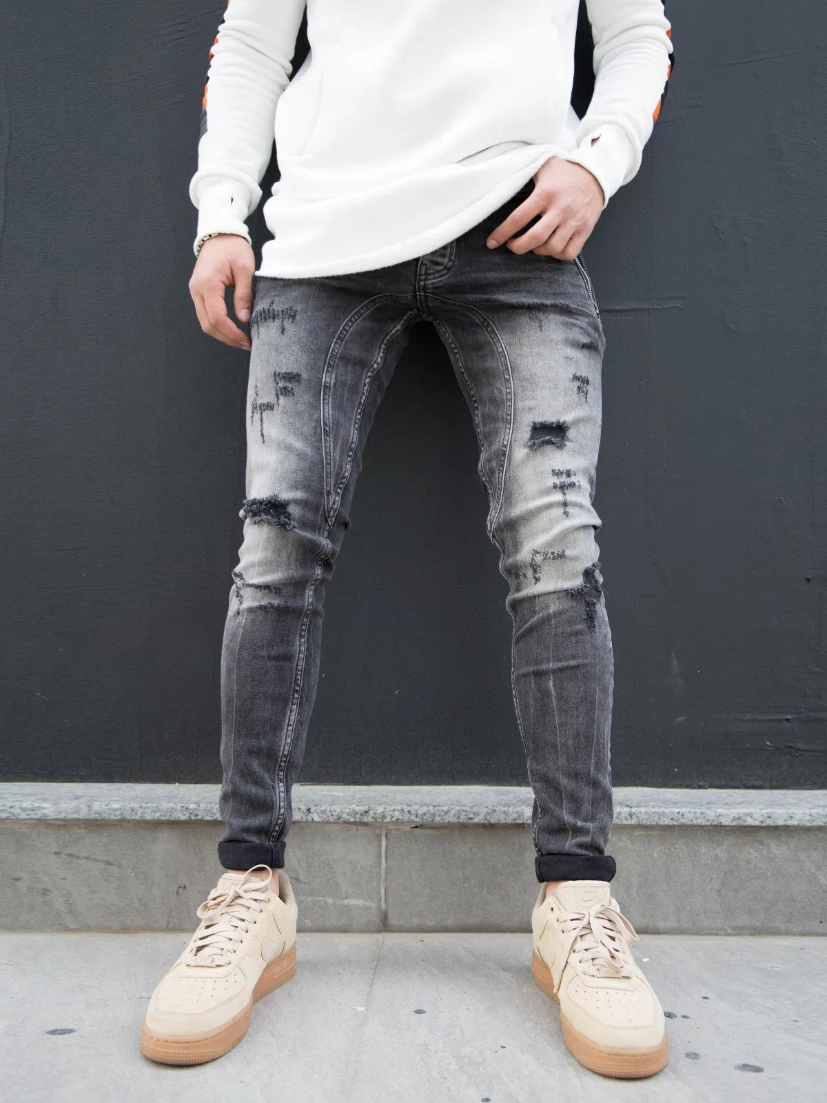 P&V Men Slim Fit Ripped Zipper Pockets Jeans - Washed Black