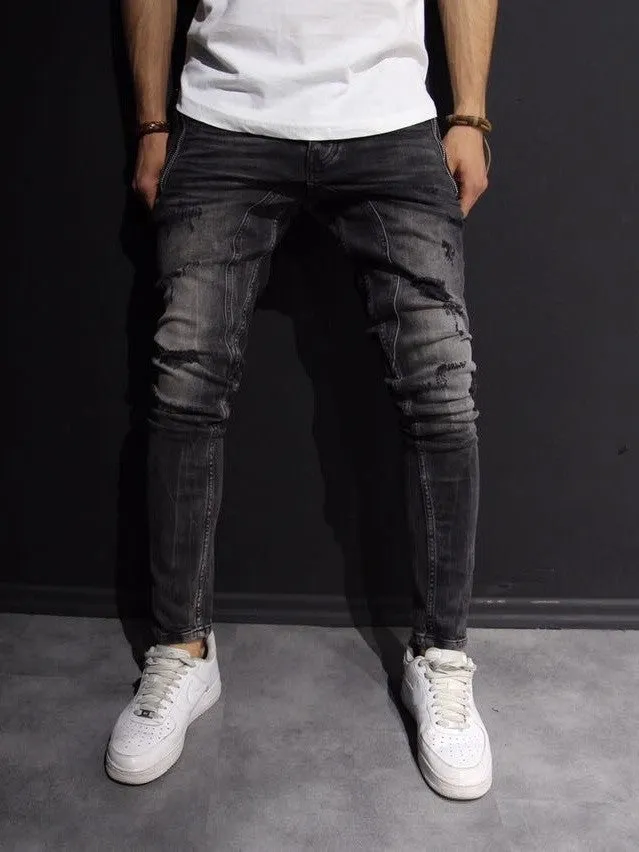 P&V Men Slim Fit Ripped Zipper Pockets Jeans - Washed Black