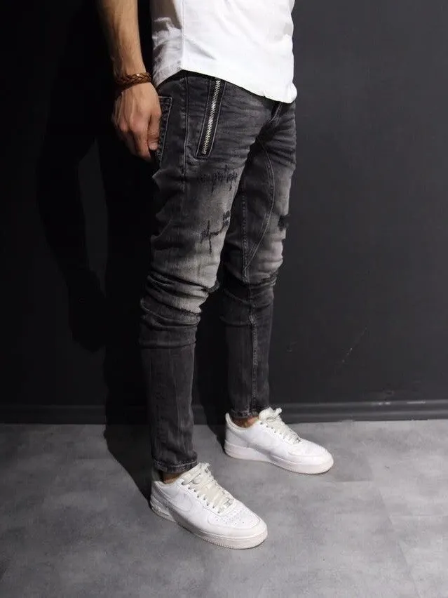 P&V Men Slim Fit Ripped Zipper Pockets Jeans - Washed Black