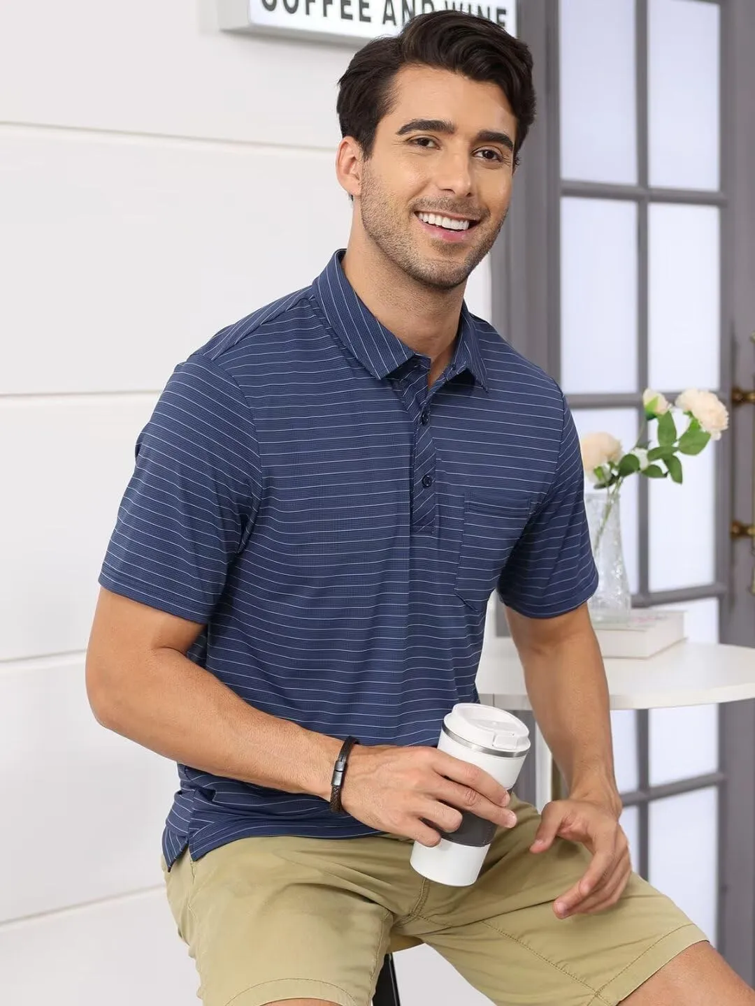 Pdbokew Men's Polo Shirts Short Sleeve Striped Golf Polo Shirt with Pocket