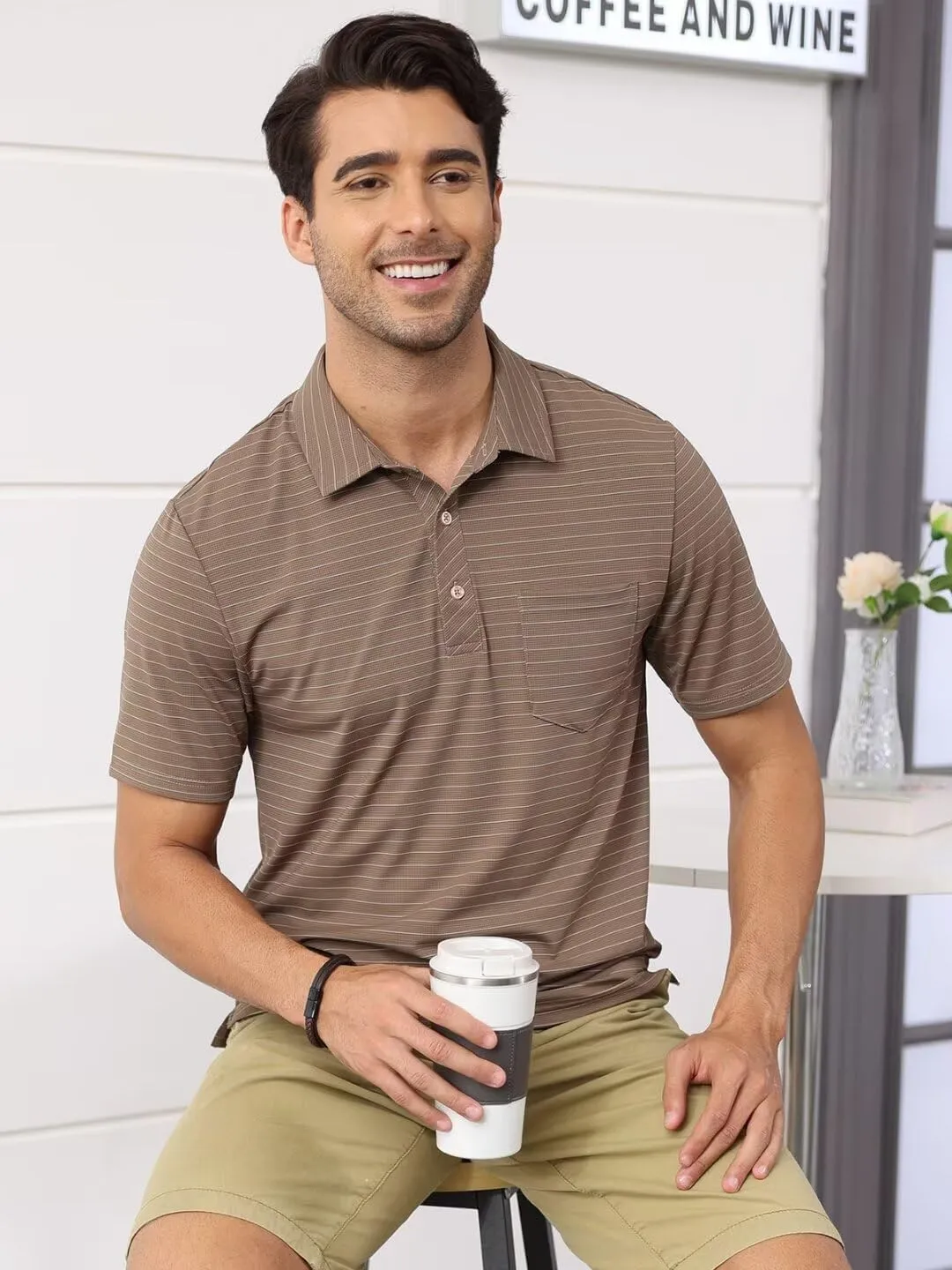 Pdbokew Men's Polo Shirts Short Sleeve Striped Golf Polo Shirt with Pocket