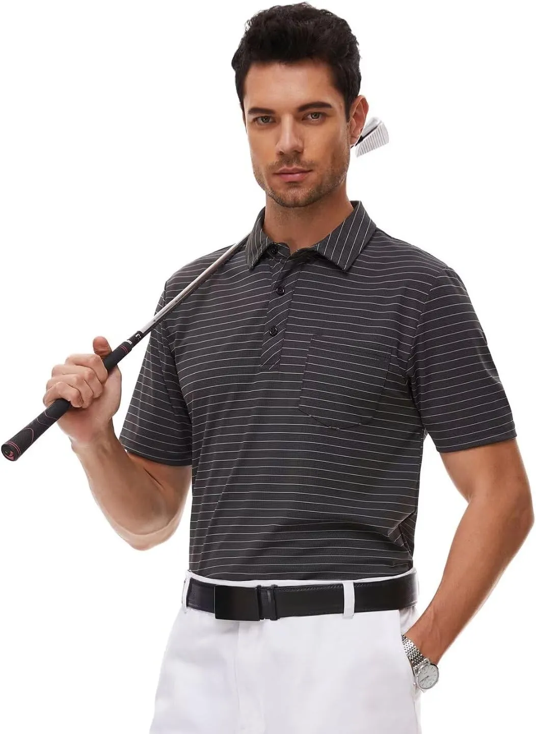 Pdbokew Men's Polo Shirts Short Sleeve Striped Golf Polo Shirt with Pocket