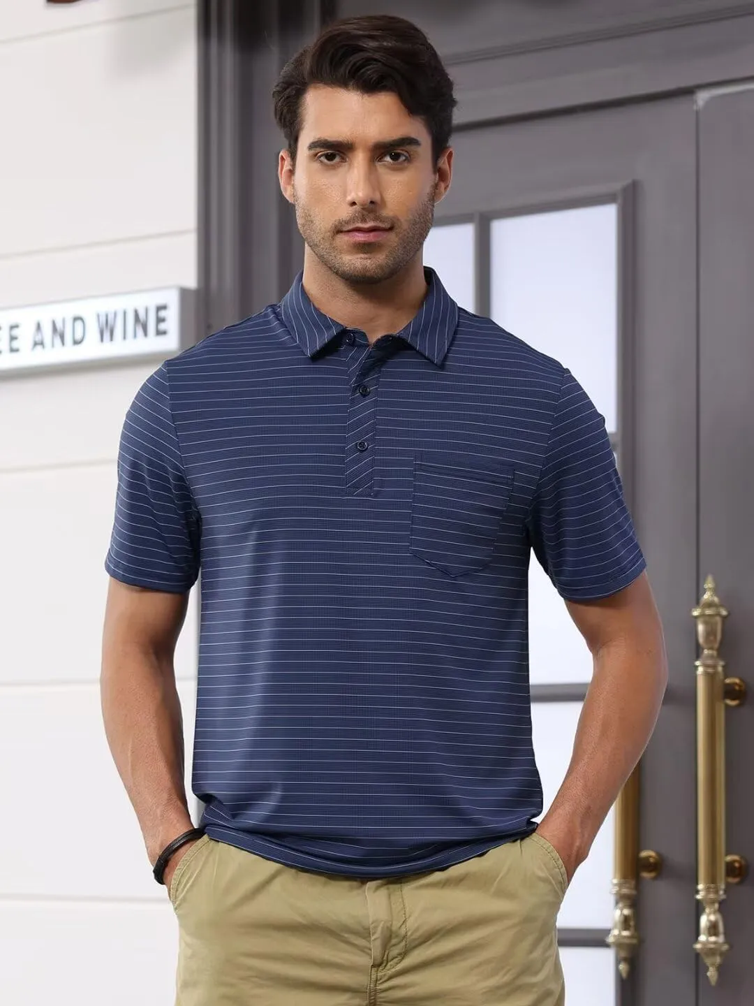 Pdbokew Men's Polo Shirts Short Sleeve Striped Golf Polo Shirt with Pocket
