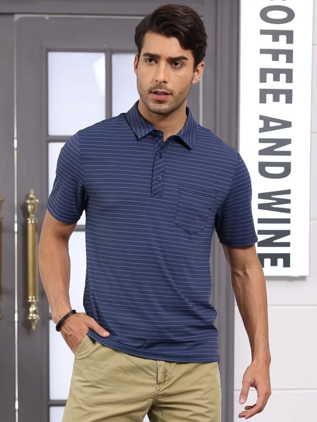 Pdbokew Men's Polo Shirts Short Sleeve Striped Golf Polo Shirt with Pocket