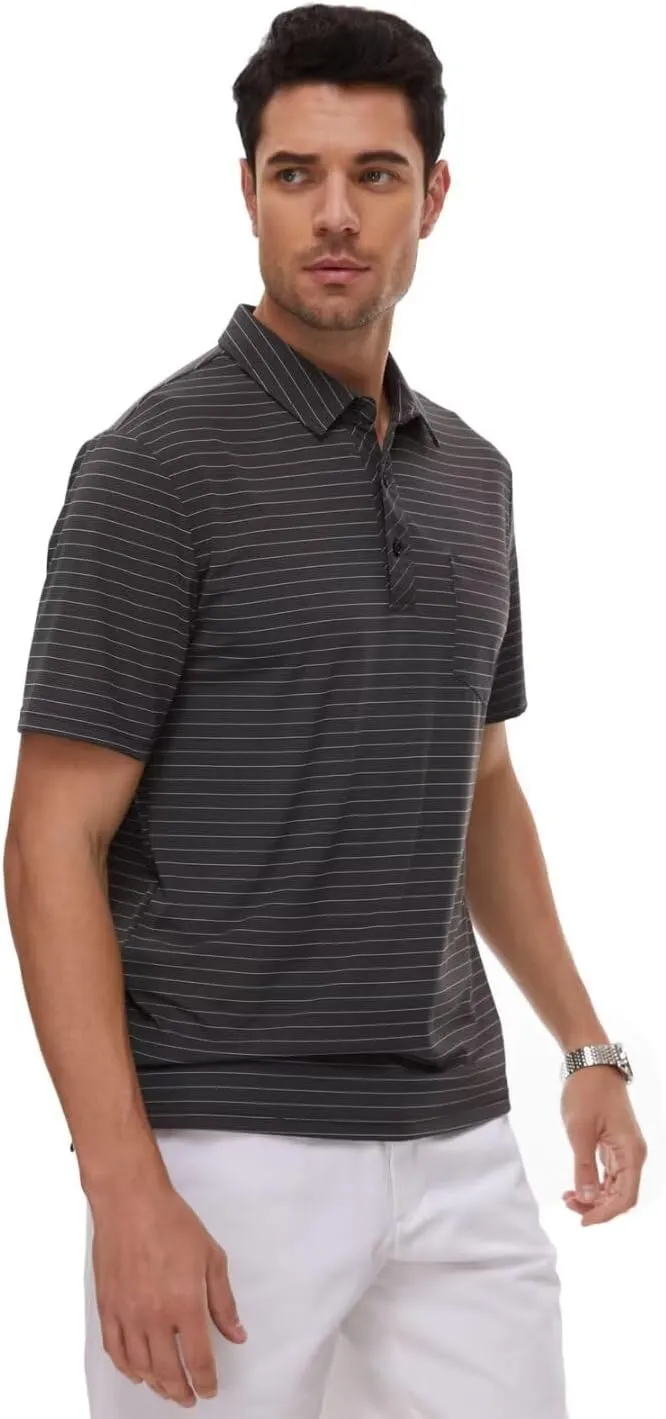 Pdbokew Men's Polo Shirts Short Sleeve Striped Golf Polo Shirt with Pocket