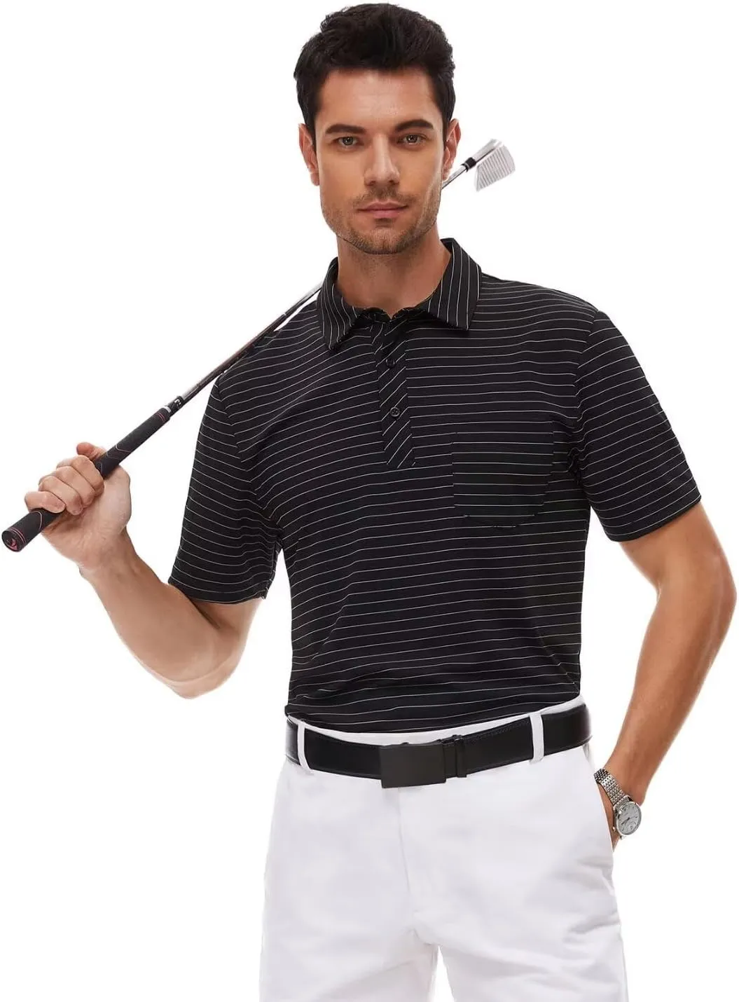 Pdbokew Men's Polo Shirts Short Sleeve Striped Golf Polo Shirt with Pocket