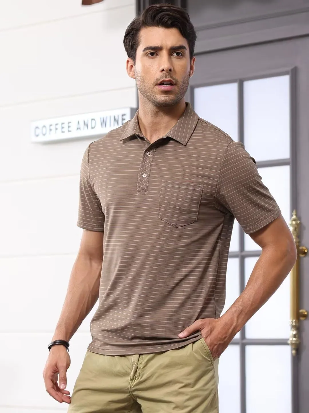 Pdbokew Men's Polo Shirts Short Sleeve Striped Golf Polo Shirt with Pocket