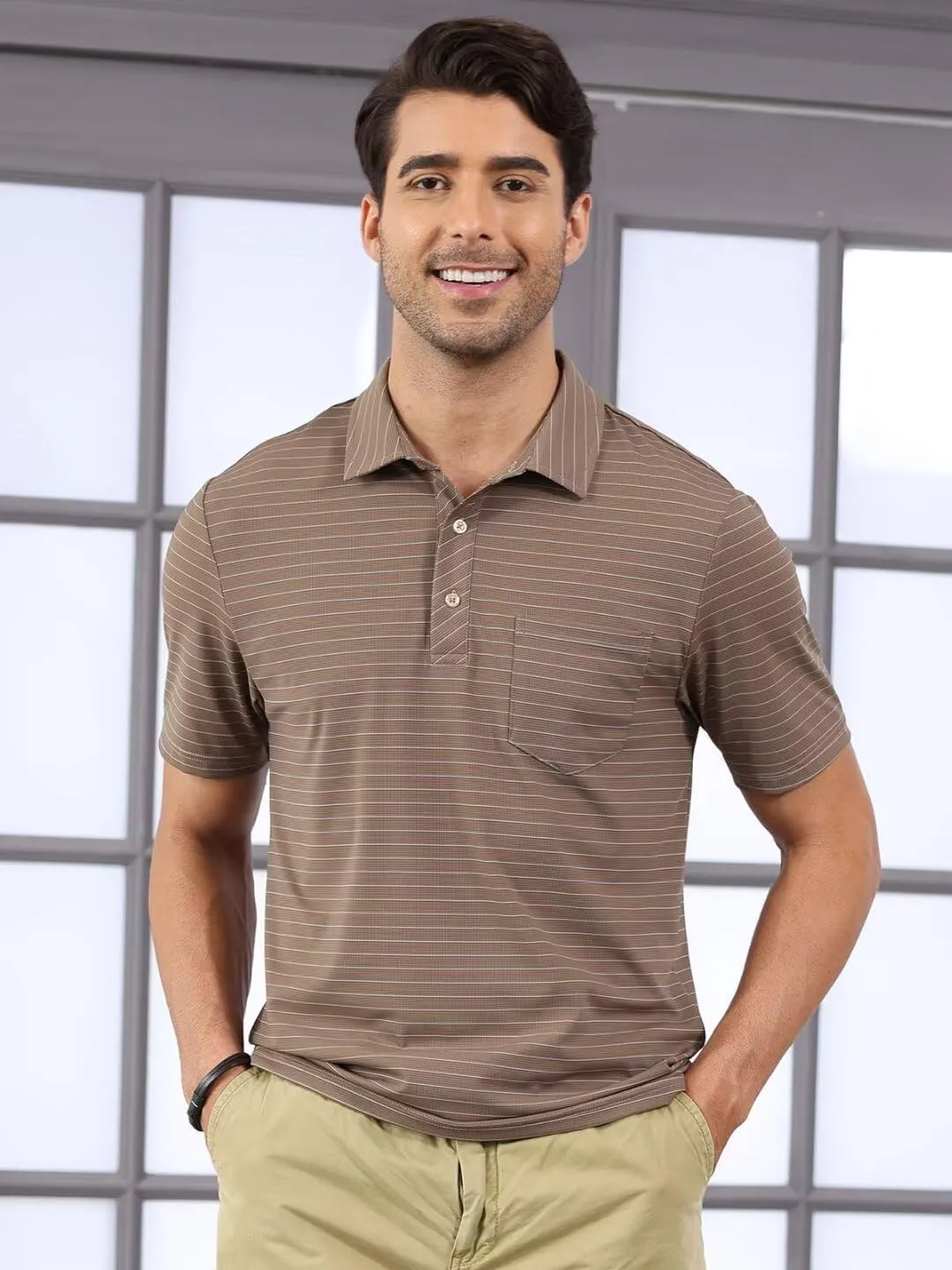 Pdbokew Men's Polo Shirts Short Sleeve Striped Golf Polo Shirt with Pocket