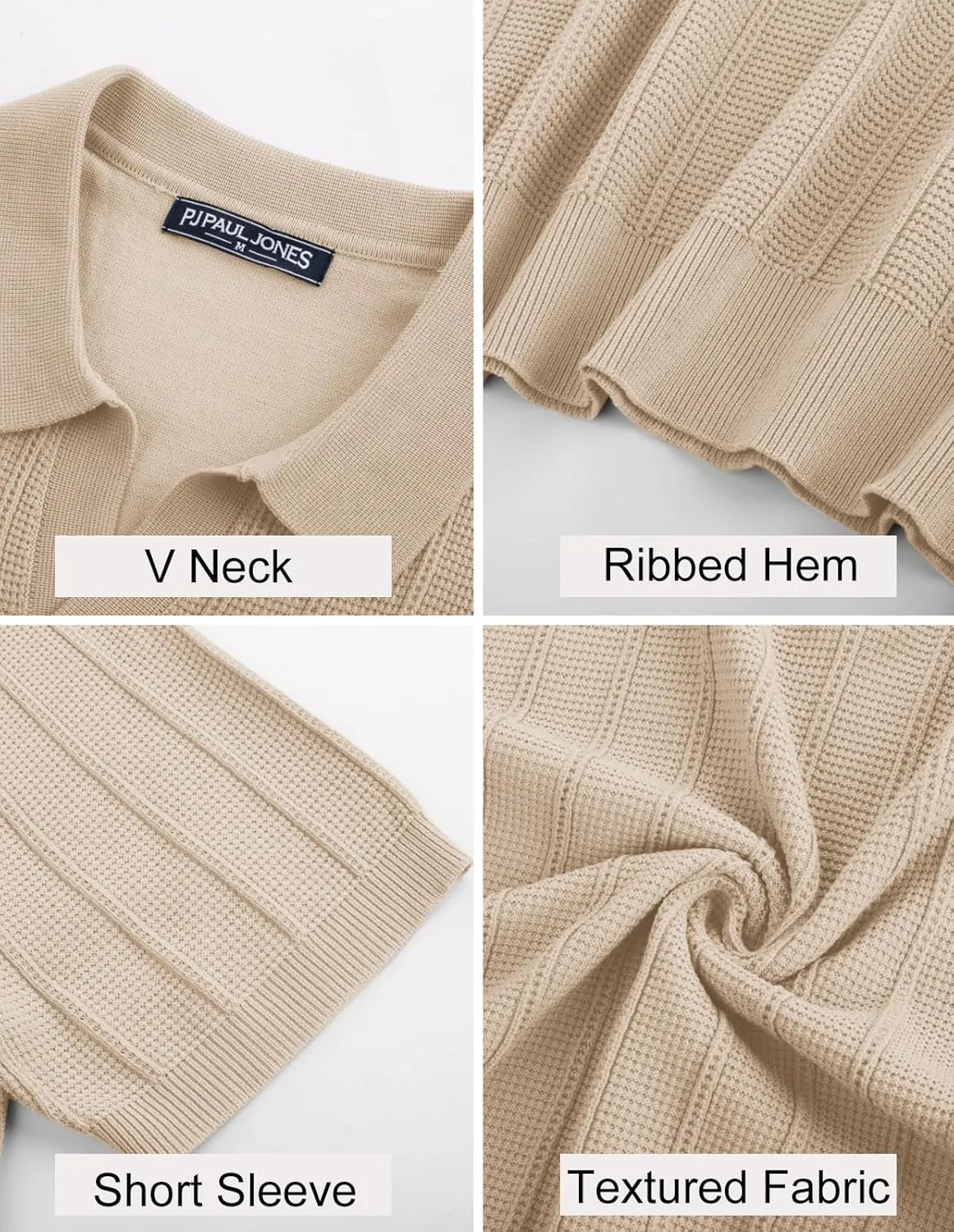 PJ PAUL JONES Mens Polo Shirts V-Neck Knit Polo Textured Summer Shirts