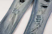 Pleated Color Matching Jeans Blue Embroidered Ripped Snakeskin Slim Fit Skinny Men