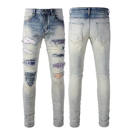 Pleated Color Matching Jeans Blue Embroidered Ripped Snakeskin Slim Fit Skinny Men