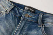 Pleated Color Matching Jeans Blue Embroidered Ripped Snakeskin Slim Fit Skinny Men