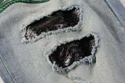 Pleated Color Matching Jeans Blue Embroidered Ripped Snakeskin Slim Fit Skinny Men