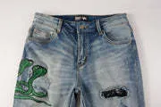 Pleated Color Matching Jeans Blue Embroidered Ripped Snakeskin Slim Fit Skinny Men