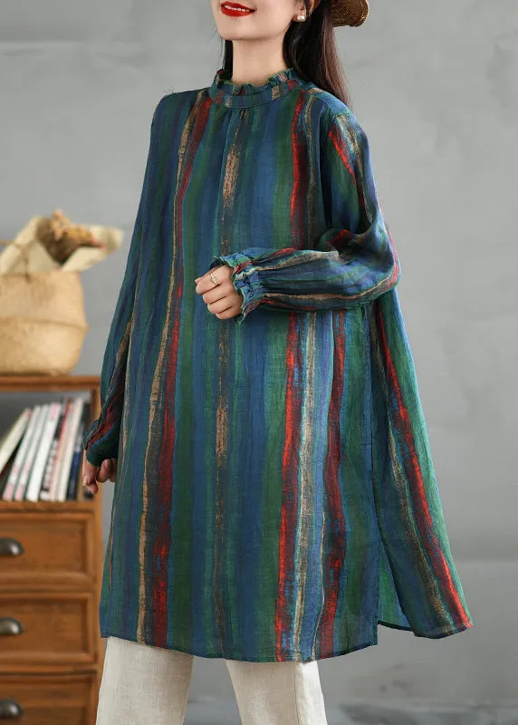 Plus Size Green Ruffled Striped Button Cotton Shirt Fall AC1015