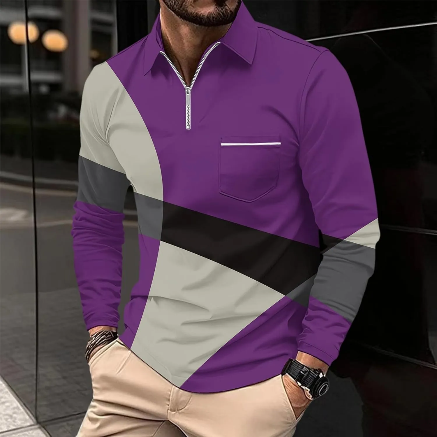 Polo Shirts for Men Cotton Business Fashion Printing Long Sleeve Lapel Zipper Pocket Mens Flannel Shirts Long