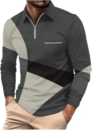 Polo Shirts for Men Cotton Business Fashion Printing Long Sleeve Lapel Zipper Pocket Mens Flannel Shirts Long