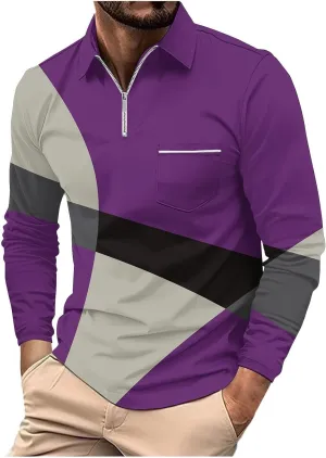 Polo Shirts for Men Cotton Business Fashion Printing Long Sleeve Lapel Zipper Pocket Mens Flannel Shirts Long