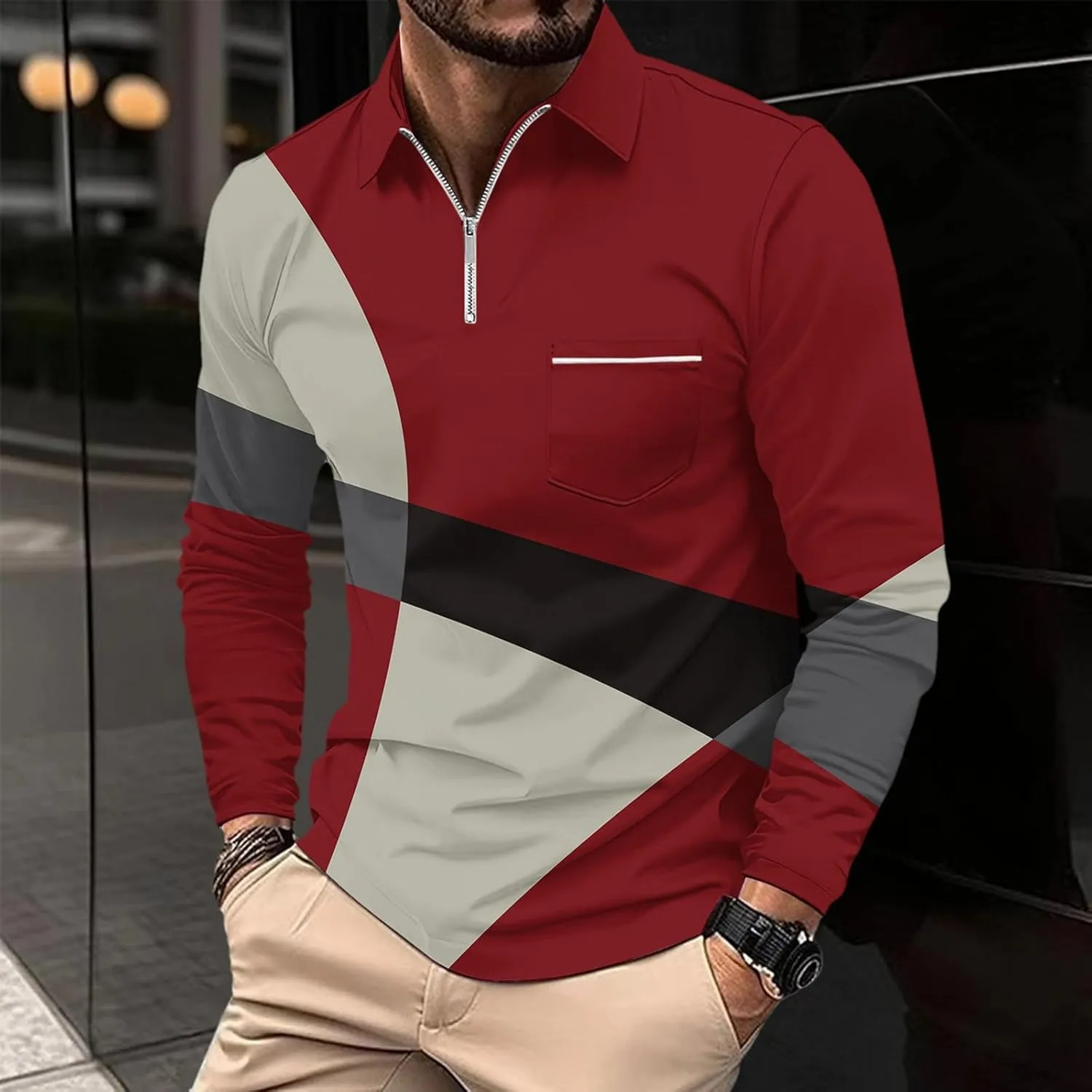 Polo Shirts for Men Cotton Business Fashion Printing Long Sleeve Lapel Zipper Pocket Mens Flannel Shirts Long
