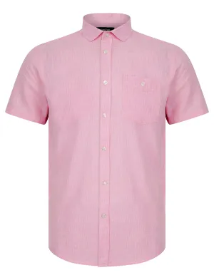 Portree Gingham Check Short Sleeve Cotton Linen Blend Shirt in Bonbon Pink - Kensington Eastside