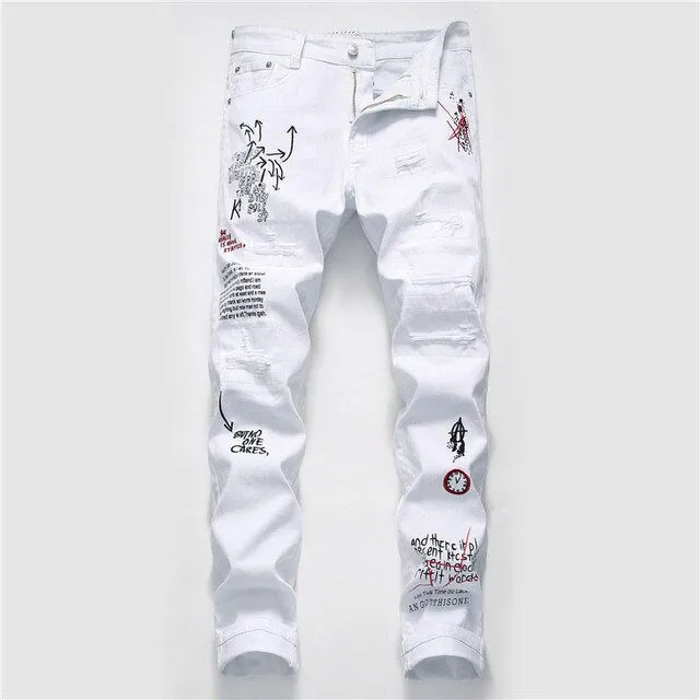 Printed Ripped White Skinny Jeans