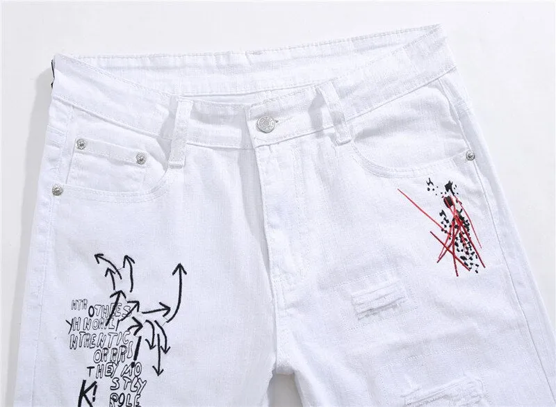 Printed Ripped White Skinny Jeans