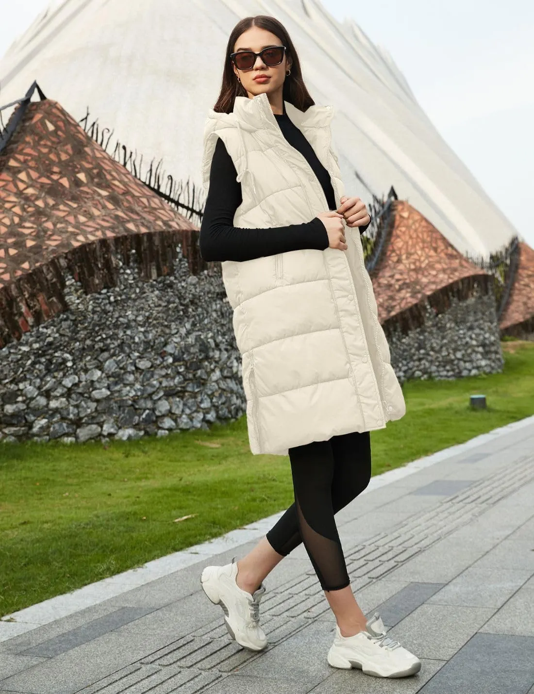 PUWEI Long Puffer Vest Women Quilted Hooded Vest Padded Sleeveless Coat Jackets With Pockets