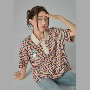Rainbow Stripes Loose Fit Polo T-Shirt