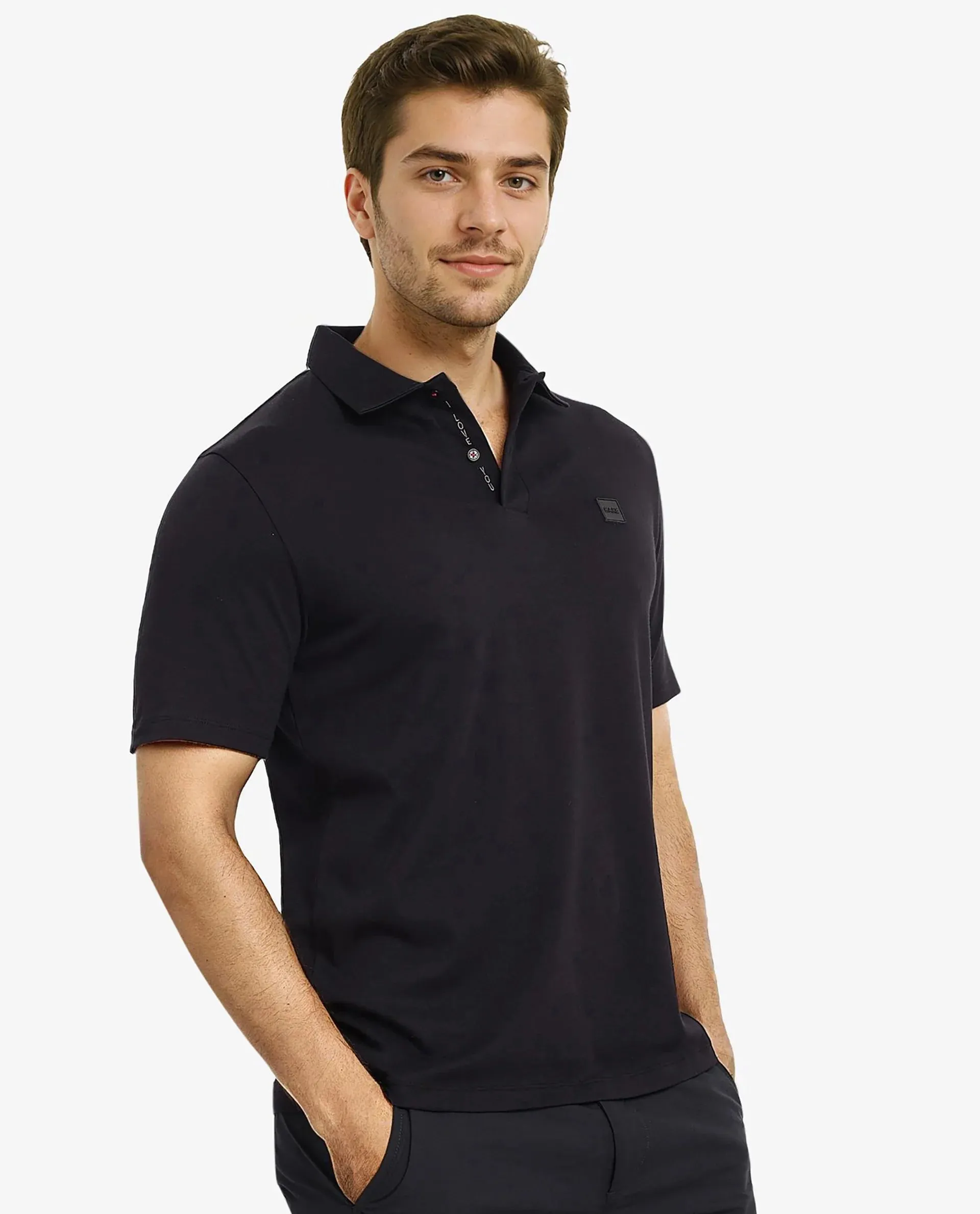 Rare Rabbit Men Lov Black Cotton Fabric Short Sleeve I love You Embroidered Regular Collar Plain Polo