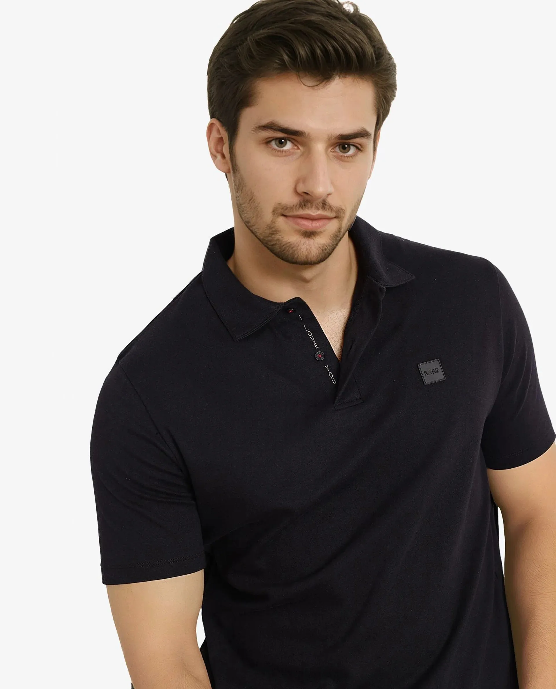 Rare Rabbit Men Lov Black Cotton Fabric Short Sleeve I love You Embroidered Regular Collar Plain Polo