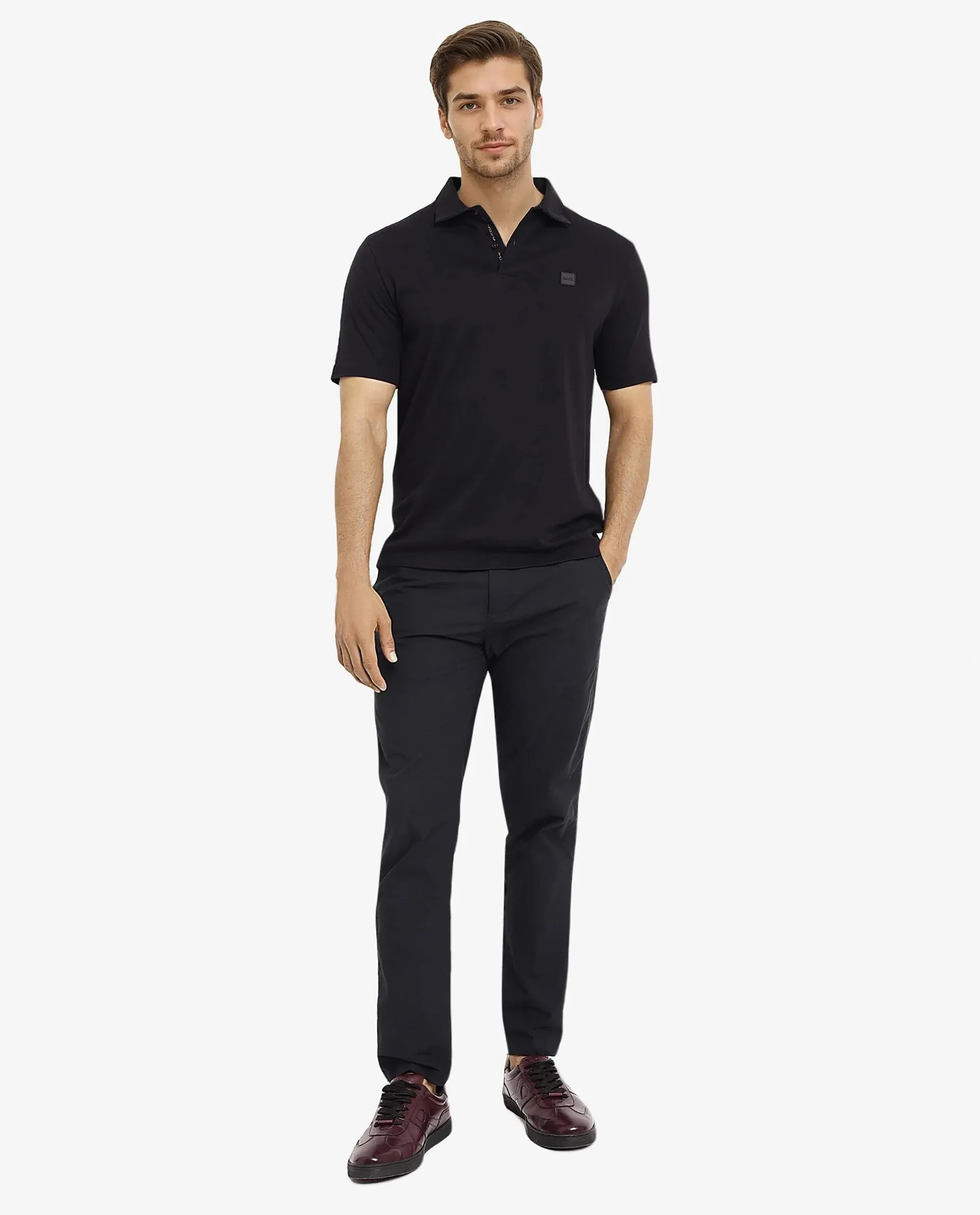 Rare Rabbit Men Lov Black Cotton Fabric Short Sleeve I love You Embroidered Regular Collar Plain Polo