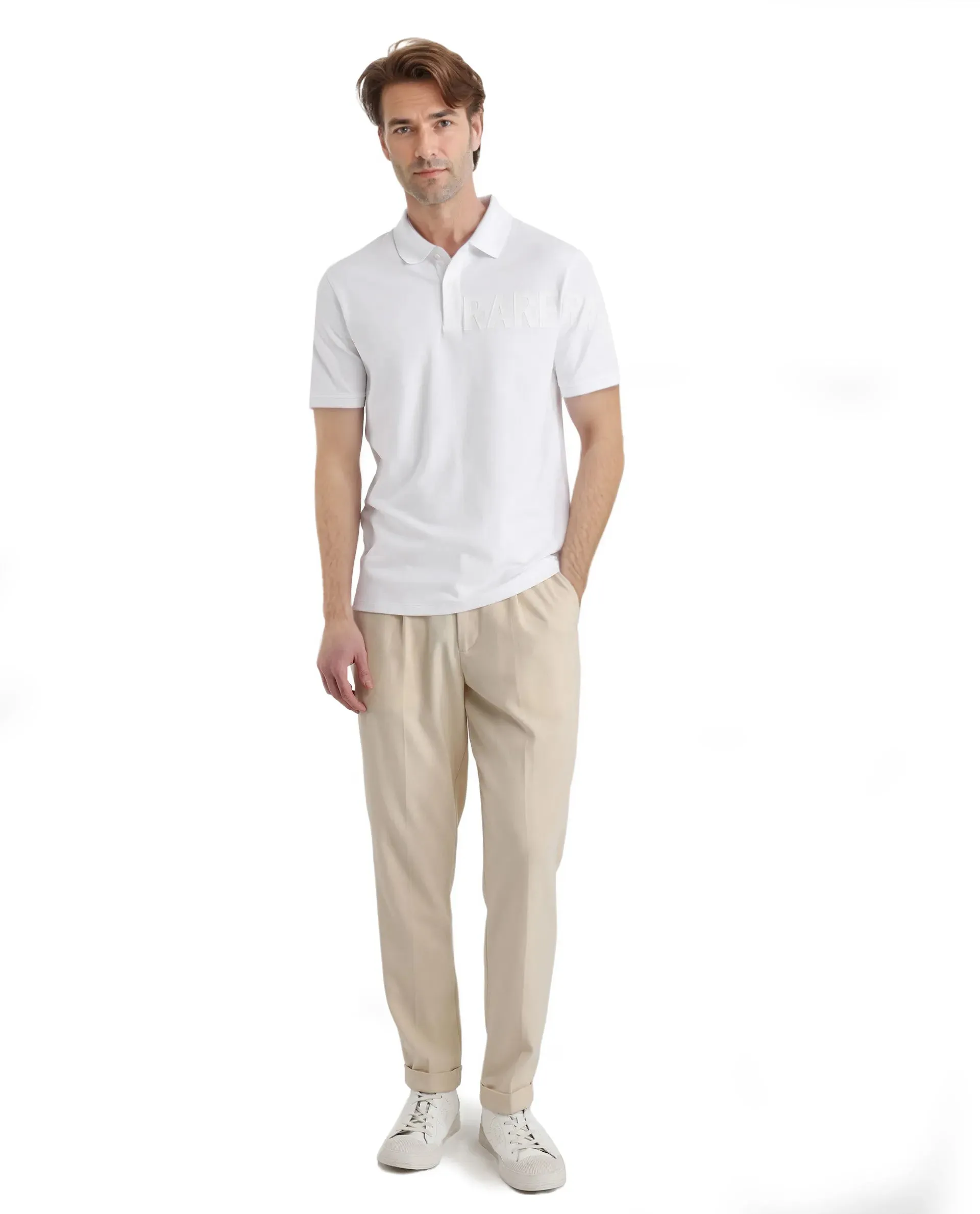 Rare Rabbit Men Taro White Cotton Blend Short Sleeve Regular Fit Regular Collared Plain Polo