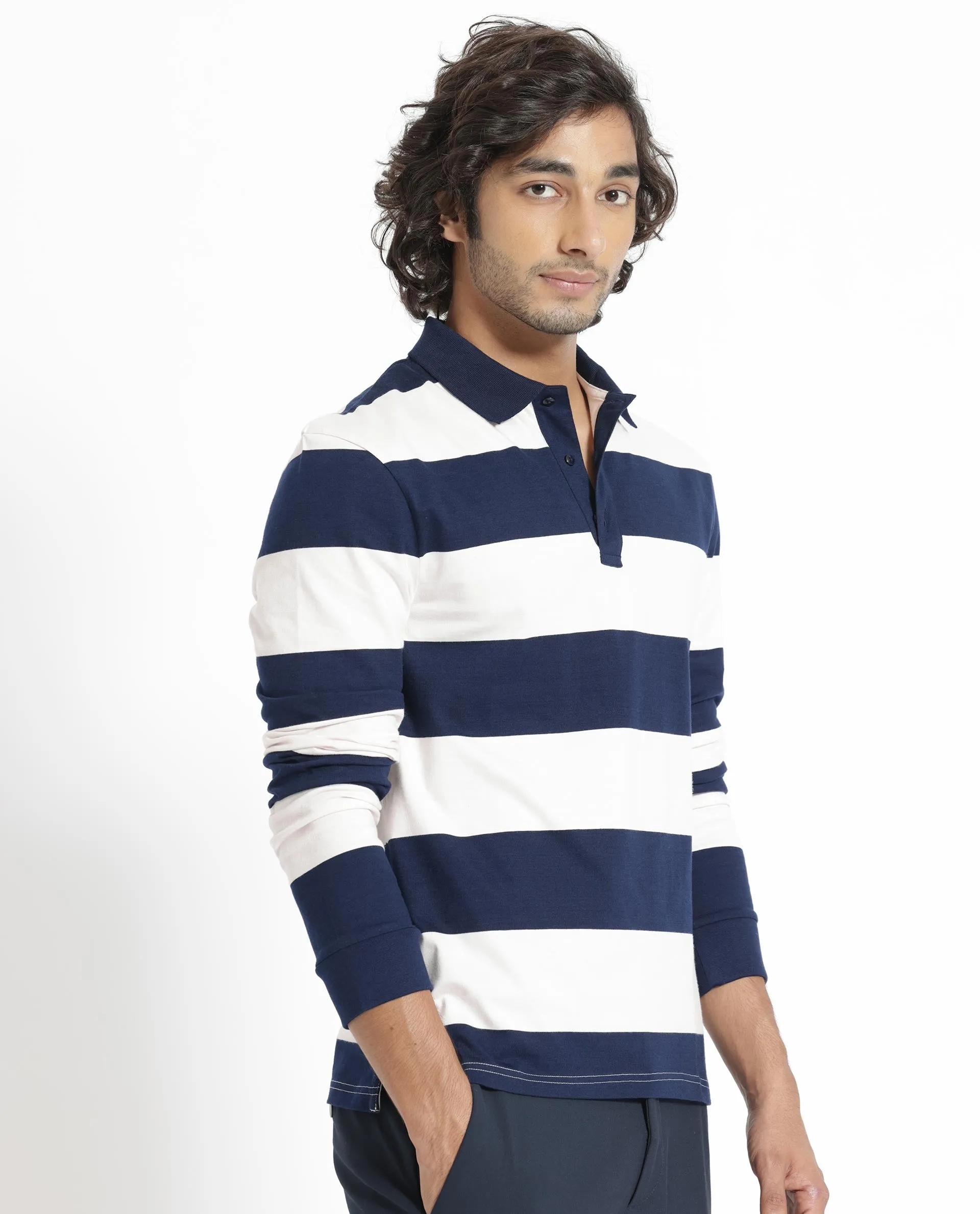 Rare Rabbit Men's Karen Light Pink Collared Neck Full Sleeves Striped Polo T-Shirt