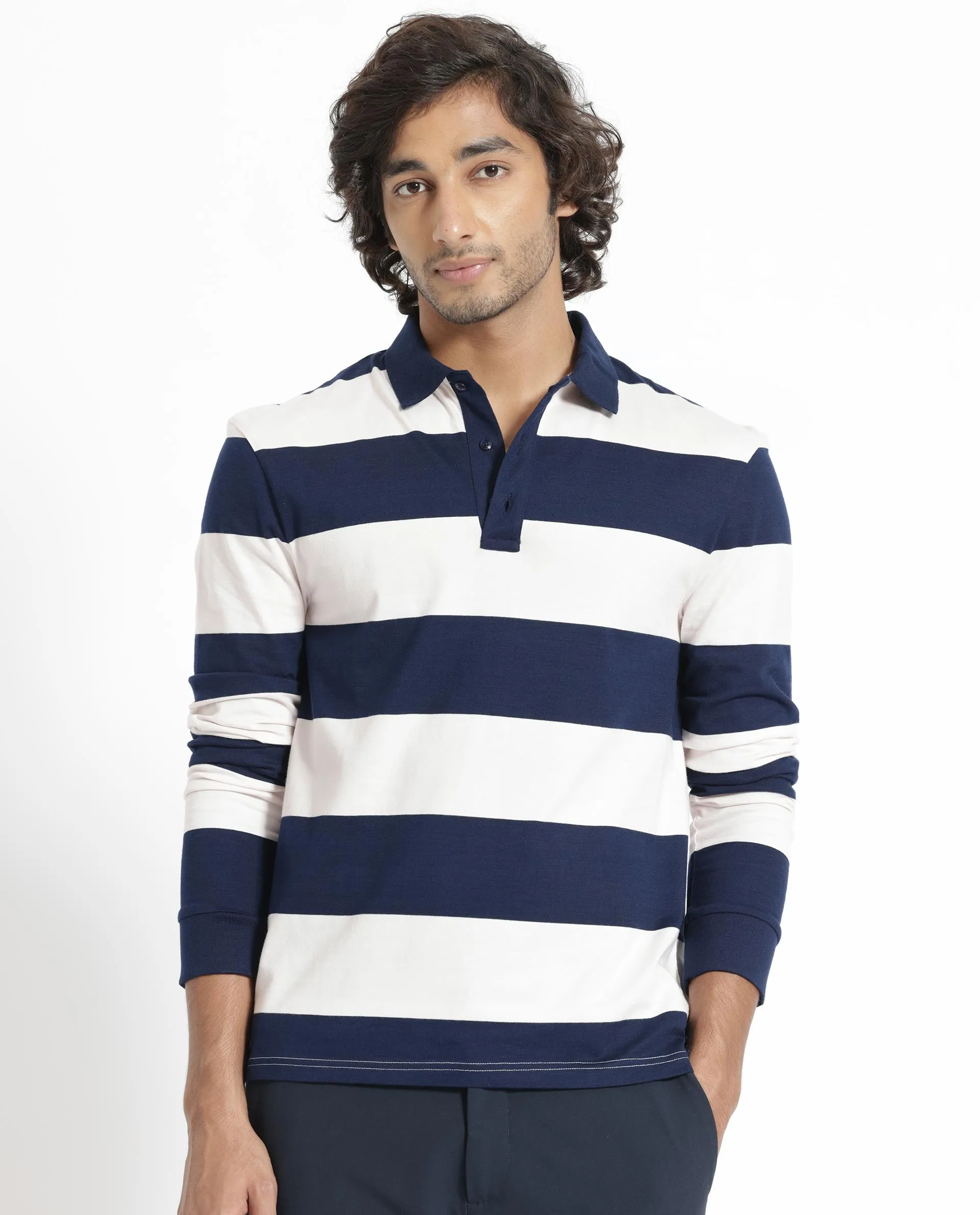 Rare Rabbit Men's Karen Light Pink Collared Neck Full Sleeves Striped Polo T-Shirt