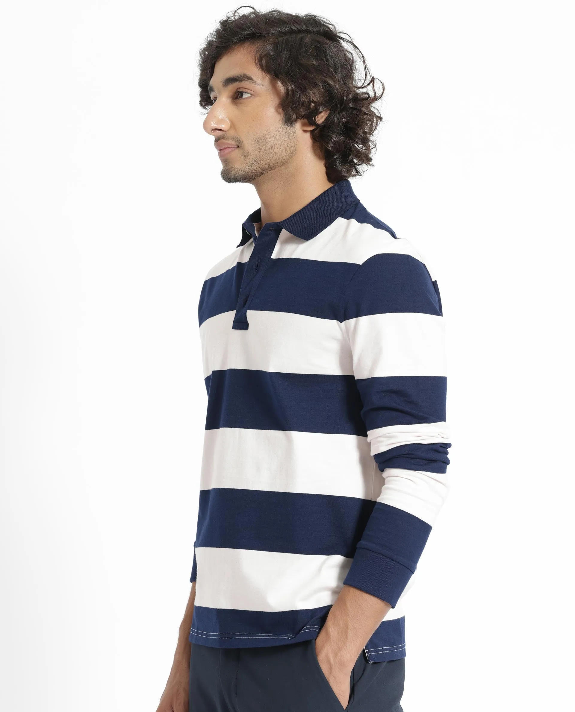 Rare Rabbit Men's Karen Light Pink Collared Neck Full Sleeves Striped Polo T-Shirt